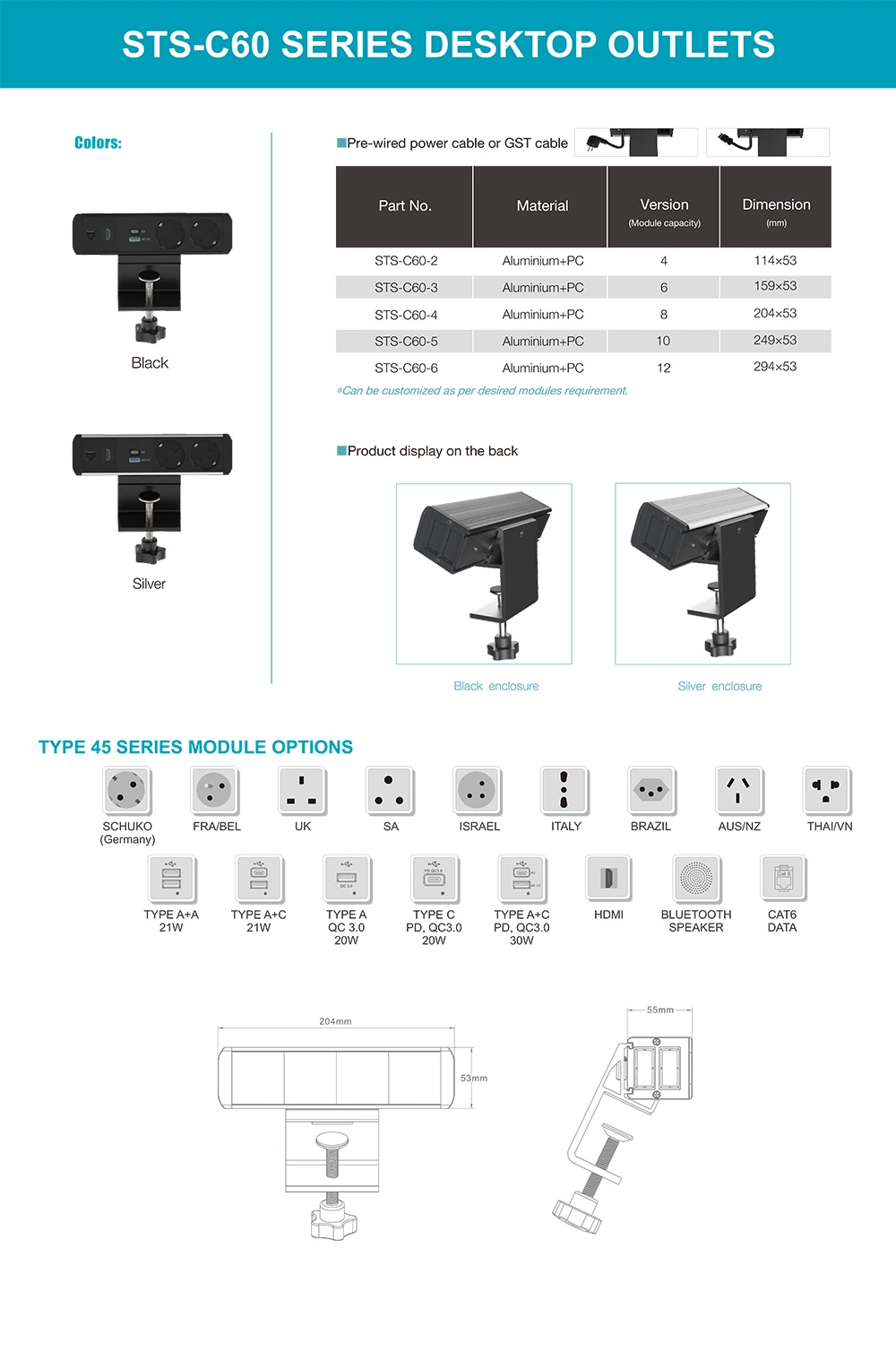 Height Adjustable Clip-on Desktop Socket